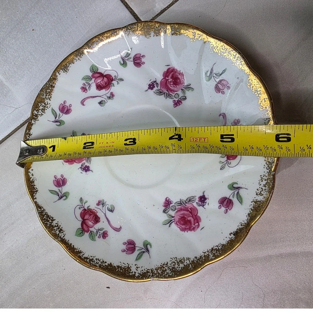 Vintage Footed Porcelain Teacup and Saucer Set Pink‎ Roses Gold Gilt Swirl Trim